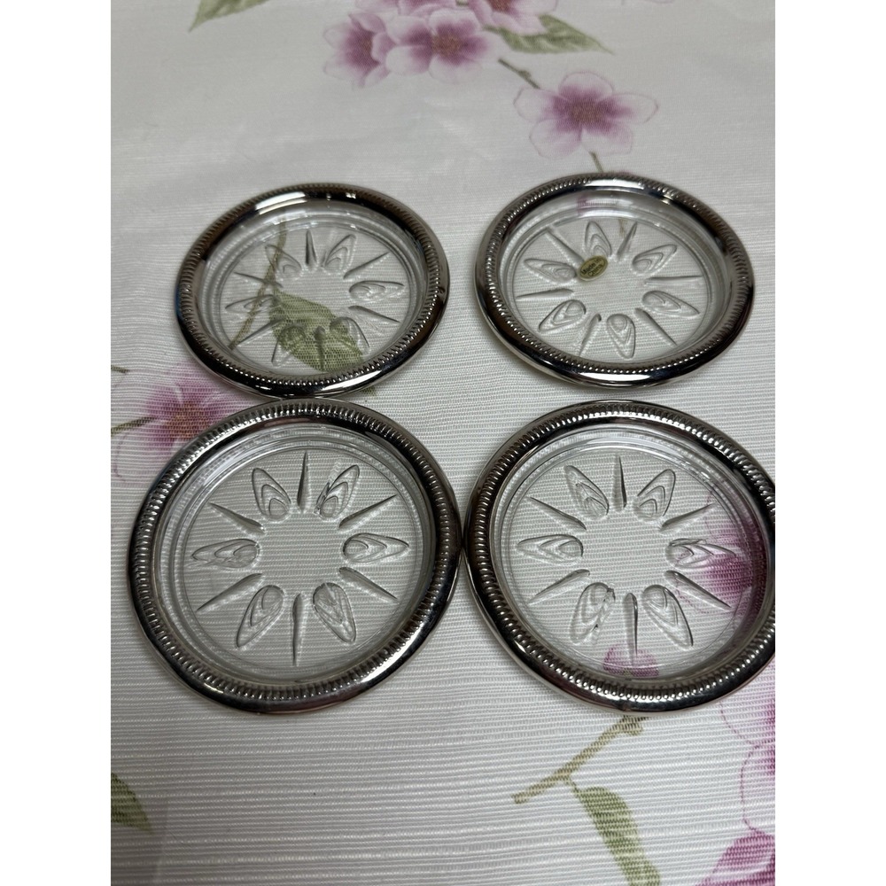 Vintage Glass Coasters Set of 4 Silver Tone Metal Rim Floral 3.5"